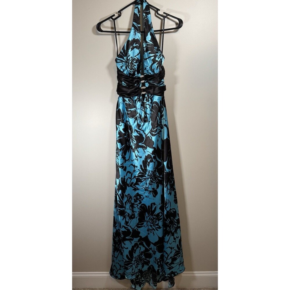 TABOO Blue And Black Maxi Floor Length Dress Size 11/12 Floral Print Around Neck